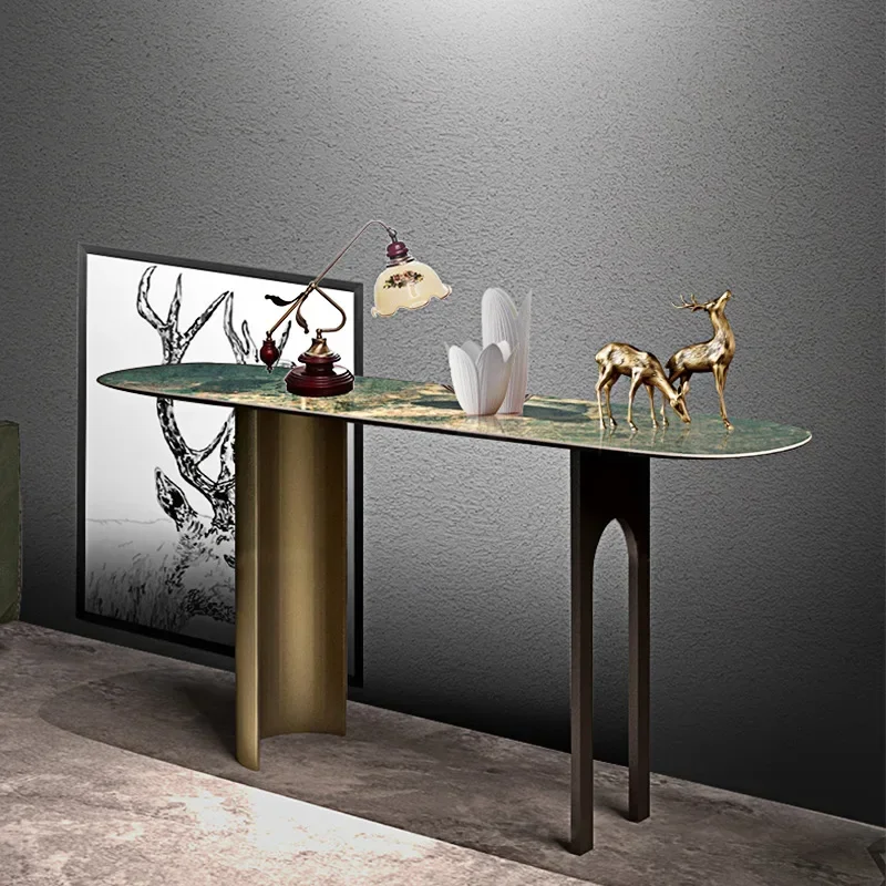 Italian light luxury entrance , modern simple villa, living room against the wall, end view table, Amazon green entrance table