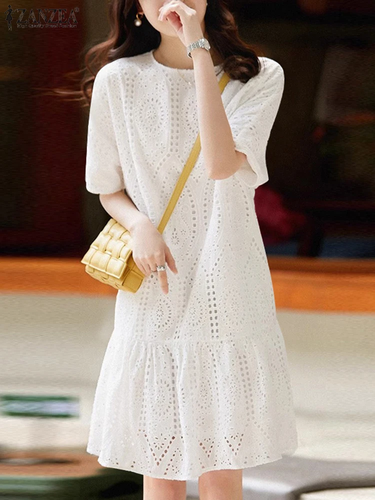 Elegant Lace Crochet Dress ZANZEA Summer Women Short Sleeve Embroidery Sundress Stylish Casual Party Knee-Length Robe Vestidos