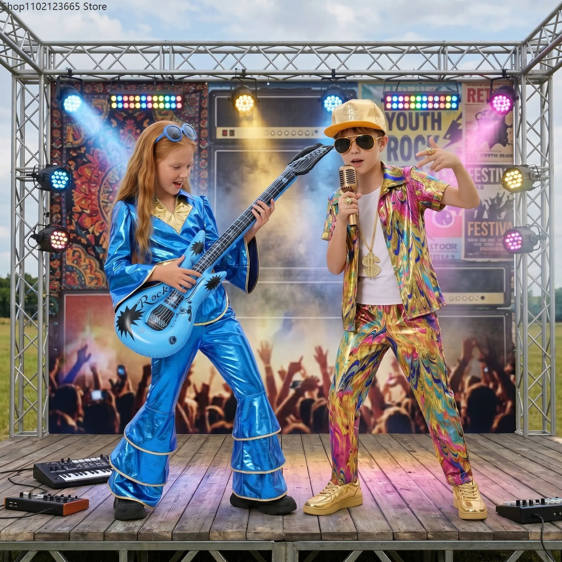 

Enfant Retro Hip Hop Punk Outfit Chicos Disco Cosplay Costume Chicas Metallic Bodysuit Hippie Bell Sleeve Stage Performance Set