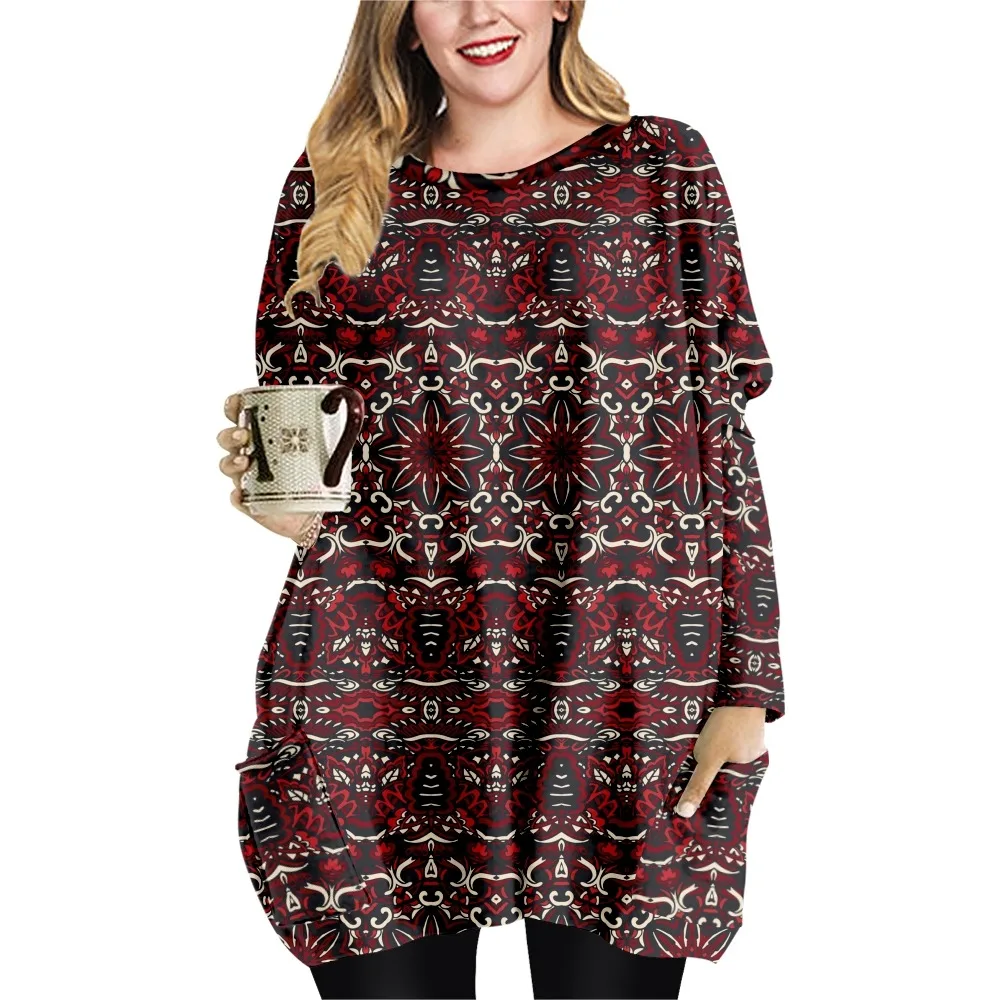 Vestido de manga larga con cuello redondo para mujer, ropa informal holgada con estampado bohemio, camiseta con doble bolsillo, para primavera y otoño