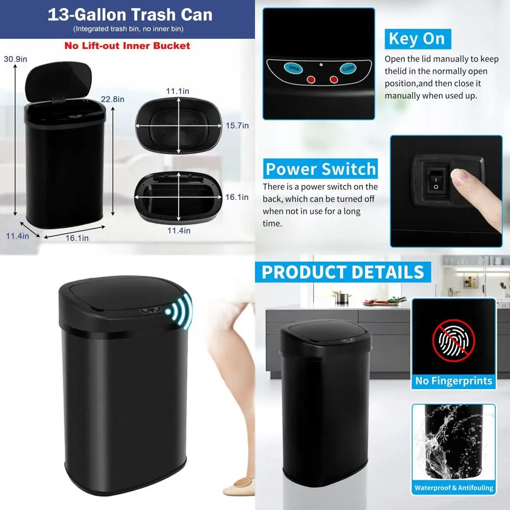 

Touchless Motion Sensor 13-Gallon Stainless Steel Trash Can with Lid for Kitchen or Bathroom, Black