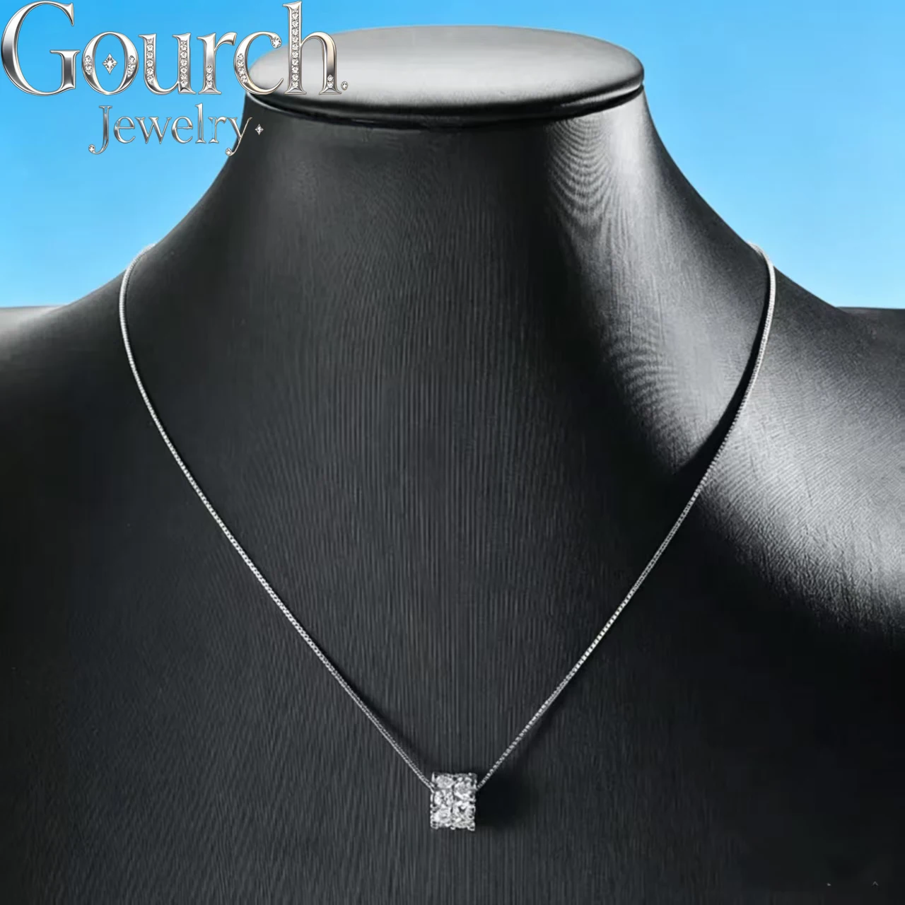 Gourch 3mm D Color VVS1 Round Cut Real Moissanite Pendant Necklace for Women 925 Sterling Silver Chain 14K White Gold Plated