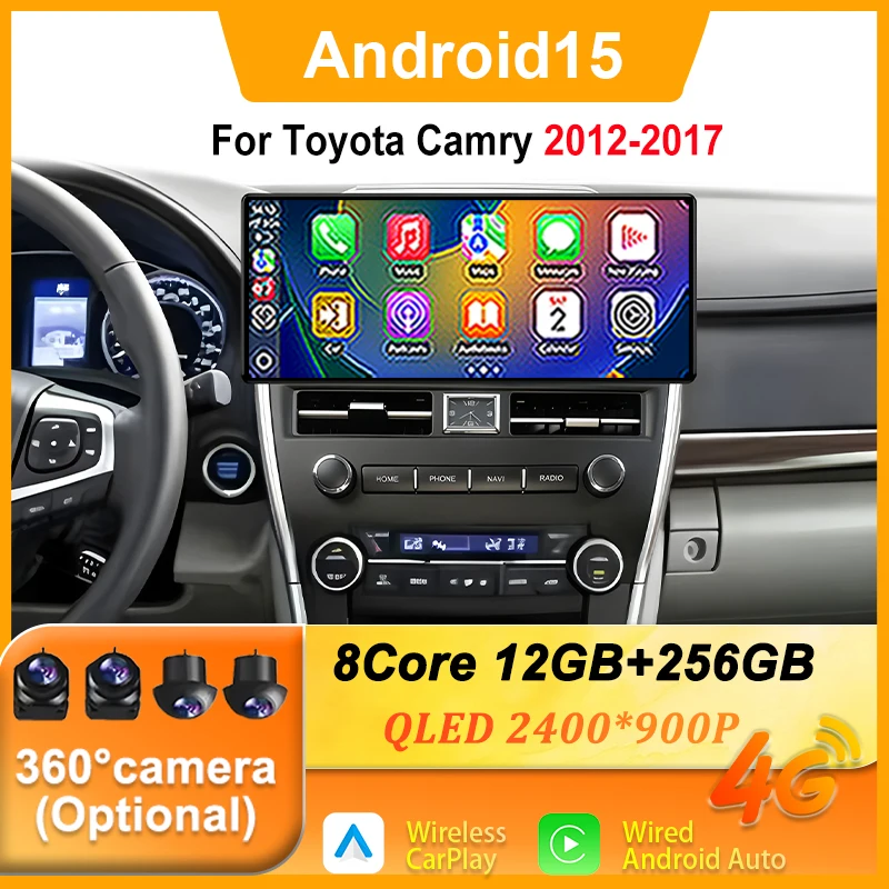 Carplay 12.3 inch For Toyota Camry 2012-2017 Android 15 Car Radio Multimedia Video Player Navigation GPS Auto Split screen WiFi