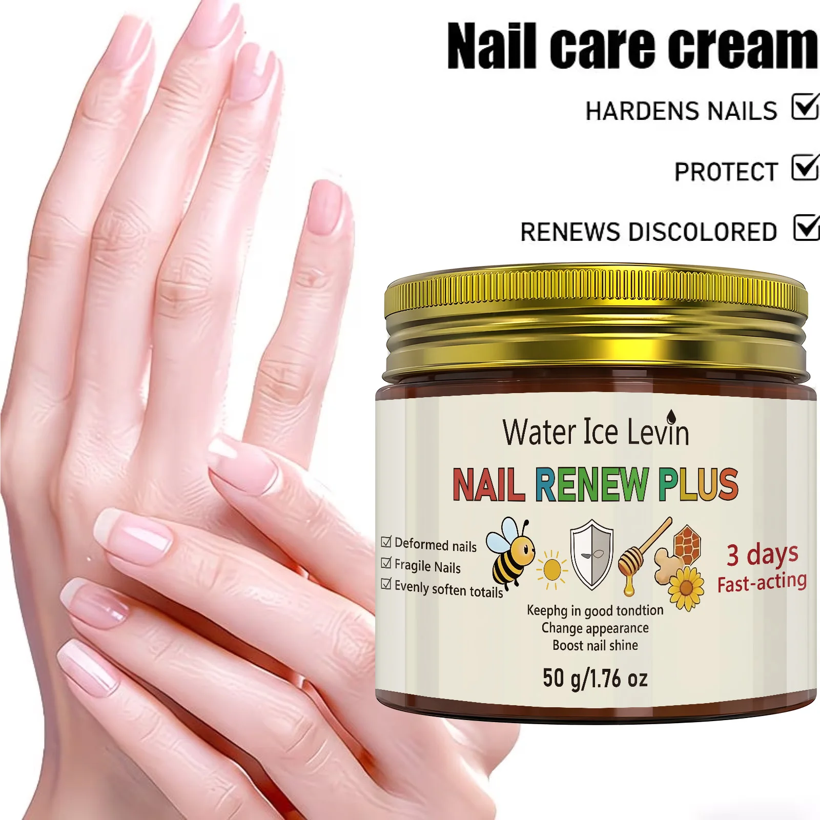 Water Ice Levin Bee Venom Nail Care Cream 50g Biotin Keratin Vitamin E Hyaluronic Acid Moisturizing Daily Nail Care