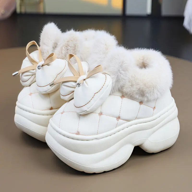 

New 8cm super high boot slippers women's winter warm closed back shoes indoor outdoor furry mules clogs woman bunny ear slipper