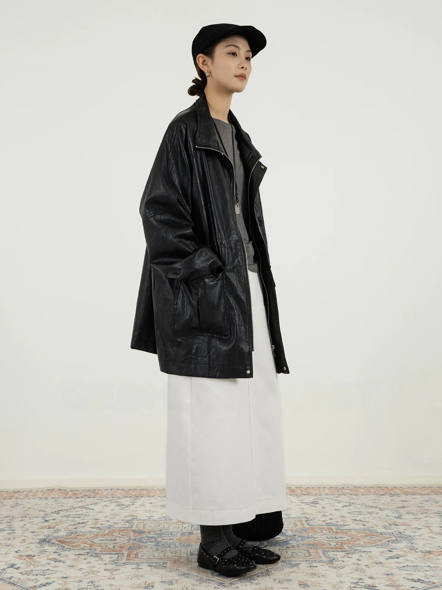 Geometry Unit Women's PU Leather Jaet Mid-Length Waist-Cinching Stand Collar Windproof Bla Coat for Autumn And Winter