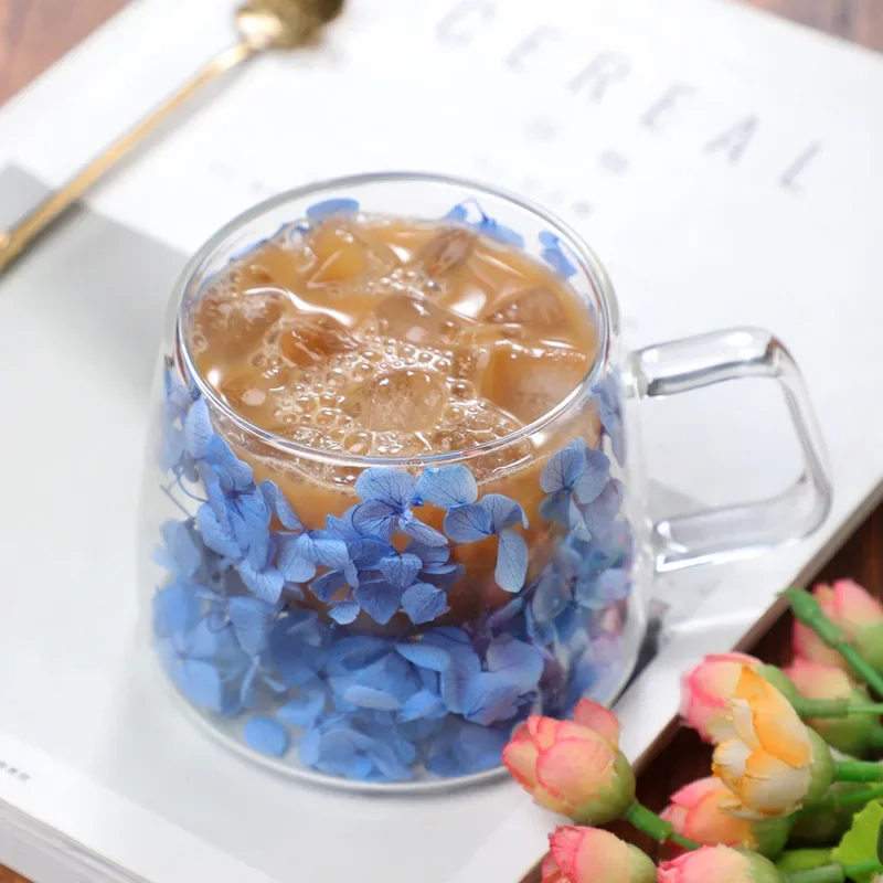 Elegant Double Wall Glass Cup with Dried Flowers High Borosilicate Glass Heat Resistant Clear Coffee Mug Stylish Home Drinkware