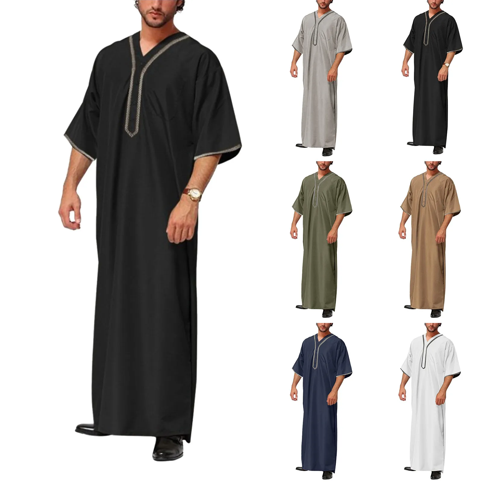 Juba Thobe Muçulmano de Botão Monocromático Masculino, Manto Médio, Gola de Stand, Kaftan Islâmico, Abaya para Homens Muçulmanos, Saudita e Árabe