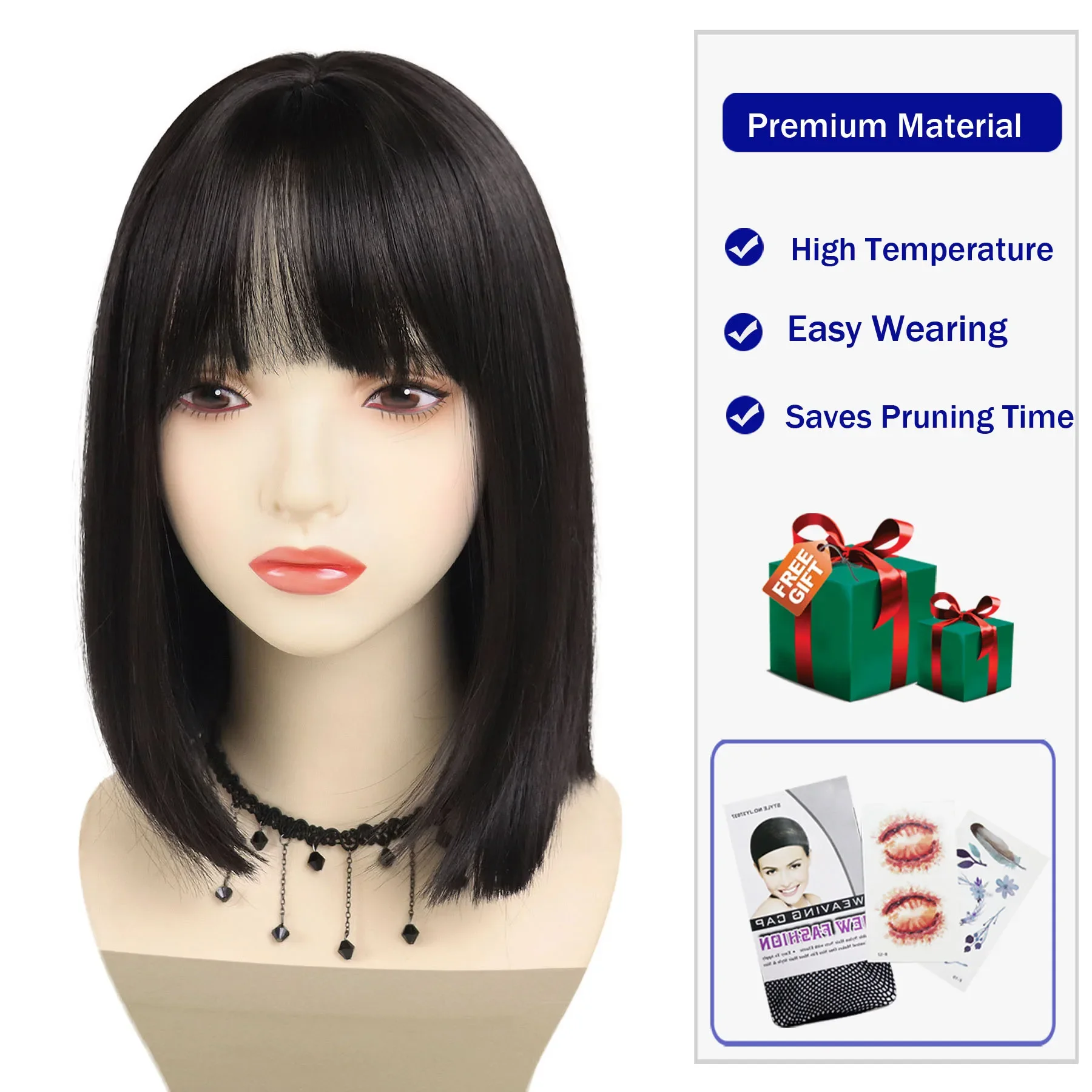 Wig hitam sintetis alami untuk wanita Wig Bob pendek Wig potong rambut lurus untuk anak perempuan Anime Coraline kostum Cosplay Wig Halloween