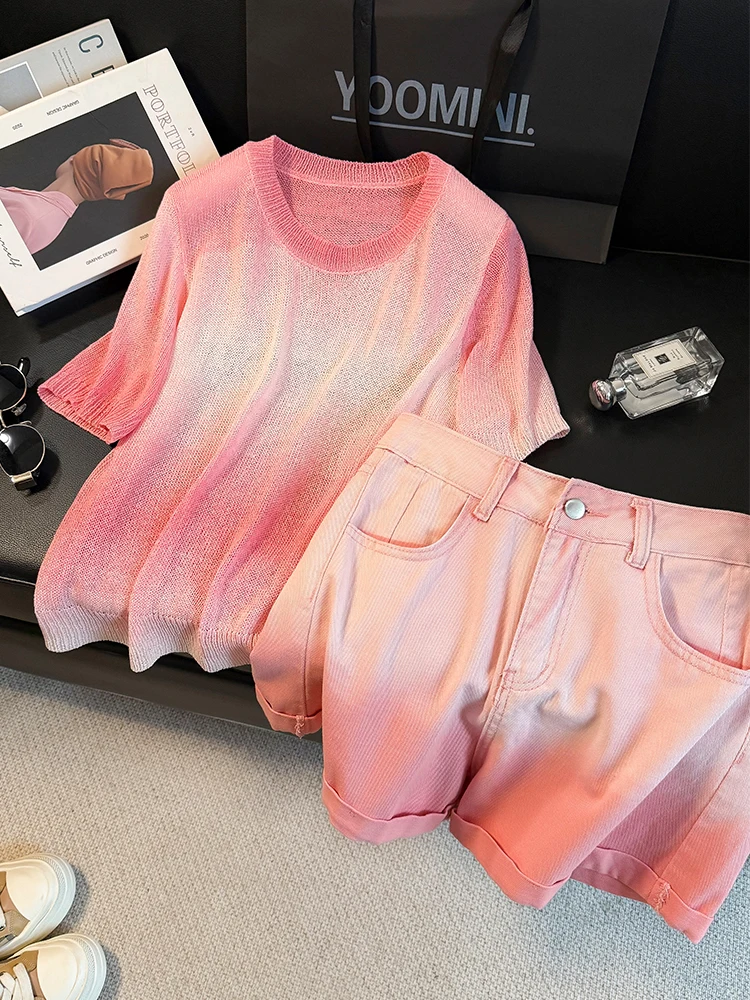 

Ice Silk Gradient Short Sleeve Knitted Top And Denim Shorts Women's Summer Casual Sportswear Two-Piece Set round Neck Pullover