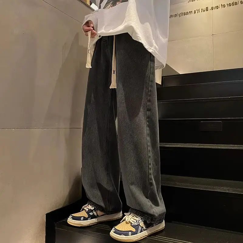 Retro solid color jeans men's spring and autumn straight leg dad pants loose black gray wide leg versatile casual long pants