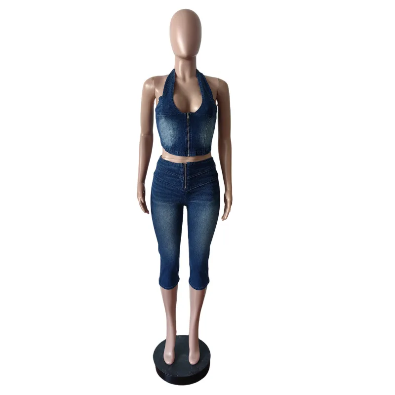STYLISH LADY Stretch Denim Blue Halter Two Piece Set 2026 Women Zip Crop Top High Waist Capri Pants Sexy Street Jeans Outfit - view 5