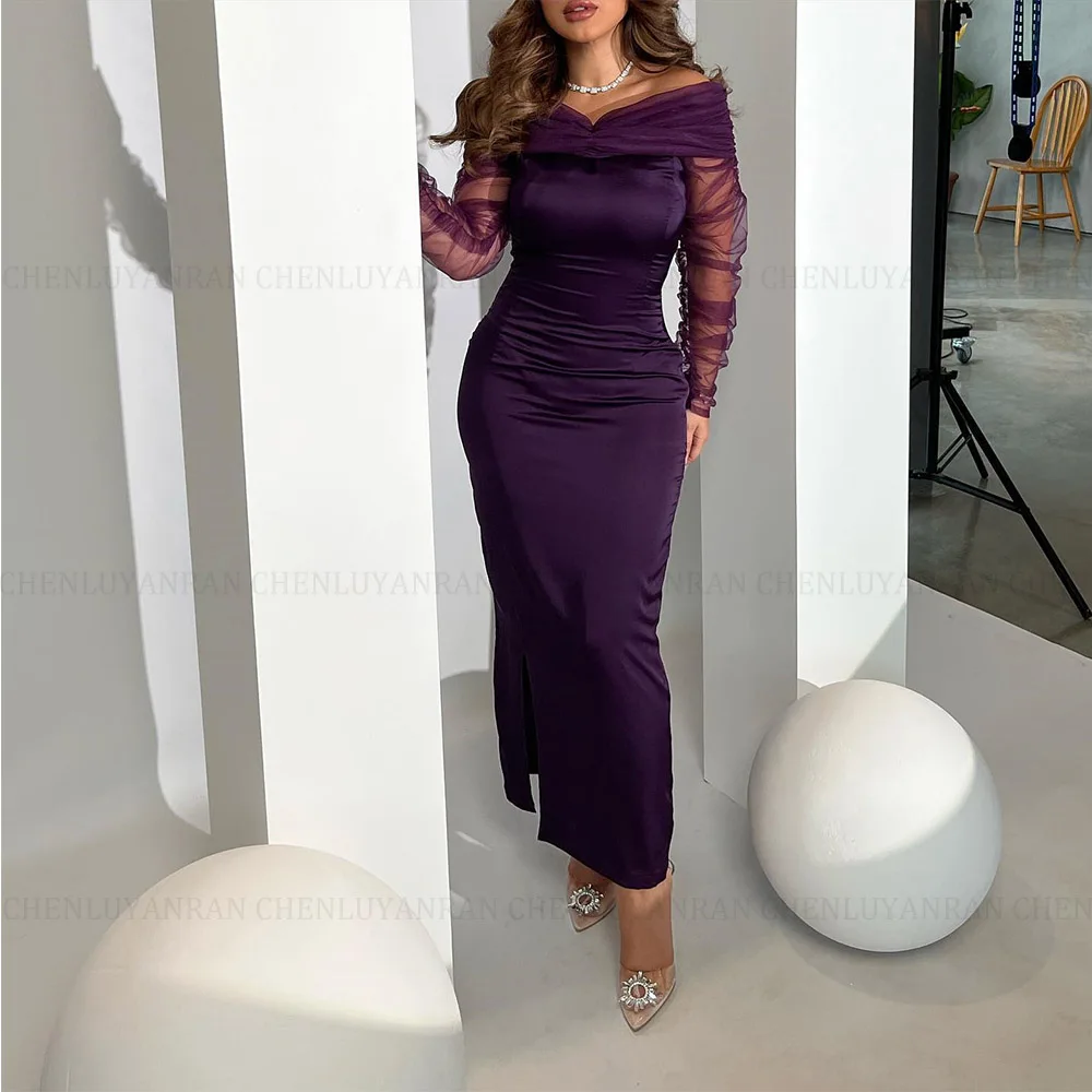 

MOLISA Customized Evening Gowns Satin Off the Shoulder Straight Long Sleeves Tea Length Pleats Purple Dresses Formal Occasions