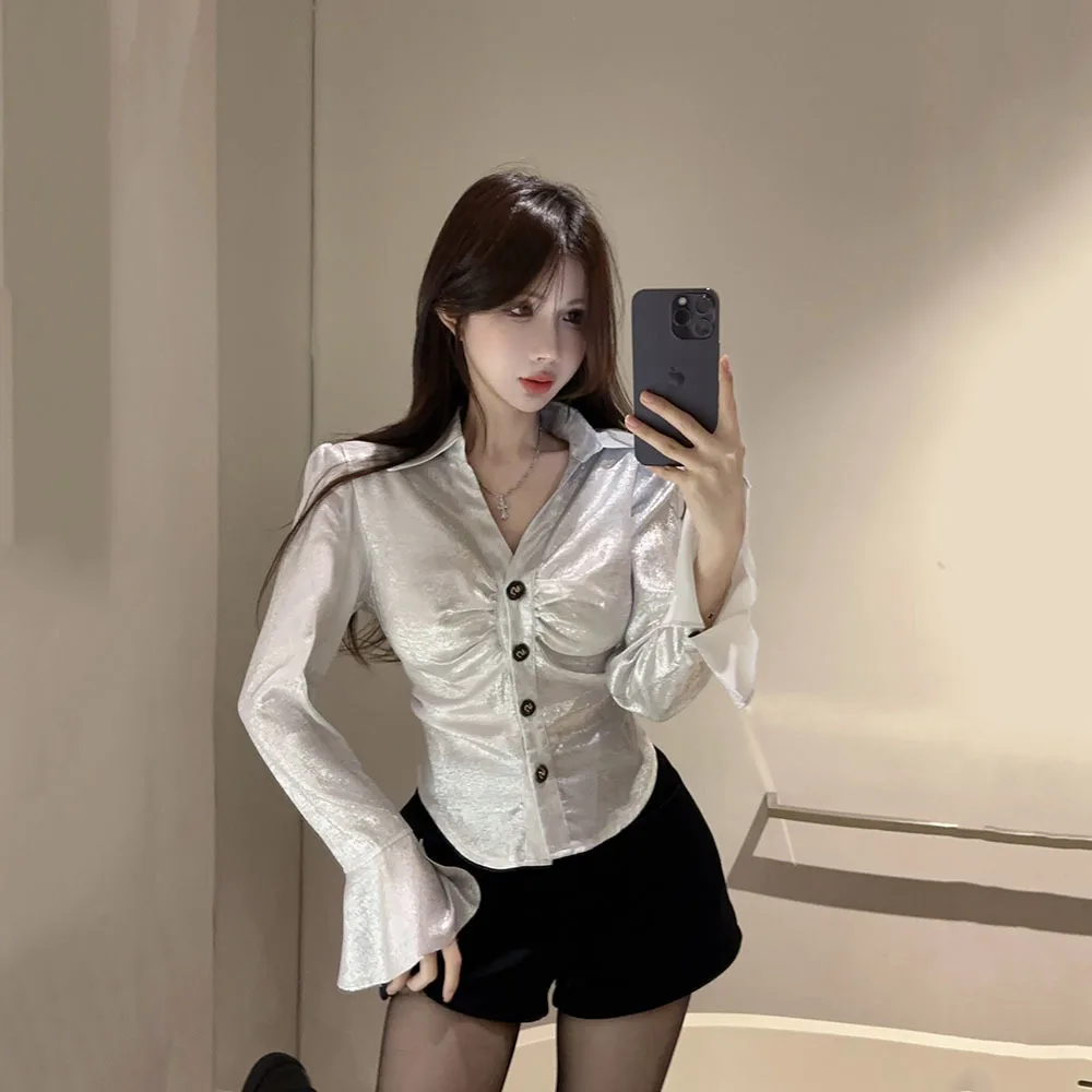 Autumn Trumpet Long Sleeve Silvery Shirt Tops Women's Fashion Slim Blouses Ladies French Style Elegant Chic Slim Shirts Blusa