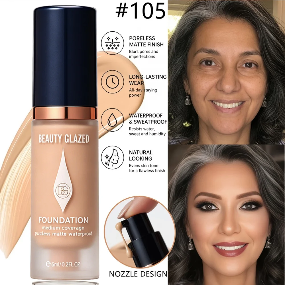 Matte Full-Coverage-Foundation – Erhältlich in 6 Farbtönen, langanhaltendes mattes Finish, wasserfest und schweißresistent, Mini-Reisegröße. – Detail 6