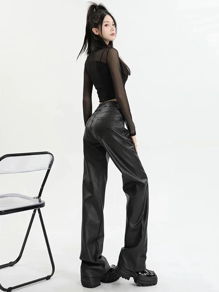 High Waist Matte Leather Pants Women Vintage Faux PU Loose Trousers With Pocket Ladies Casual Floor Length Pants Custom Clubwear