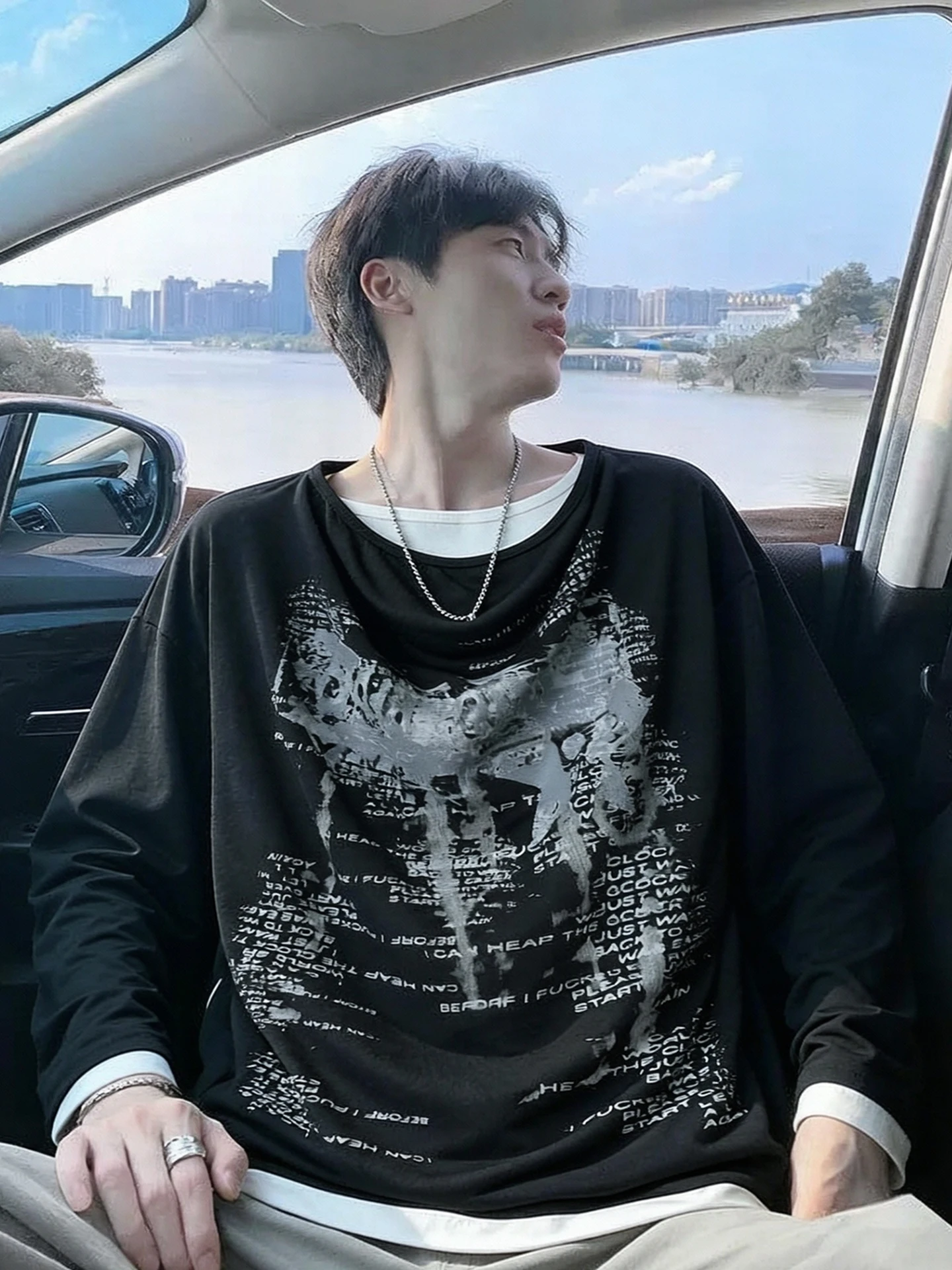 Spring Autumn Street Light Cotton Fake Two-Piece T-Shirt Men's American Small Audience Splice Stack Dangle Collar Hooded Cove...