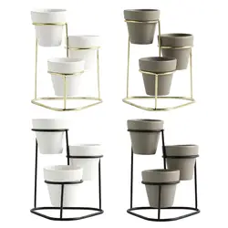 3Pcs Mini Ceramic Succulent Plant Pot Flower Pot Planter Metal Stand Set Display