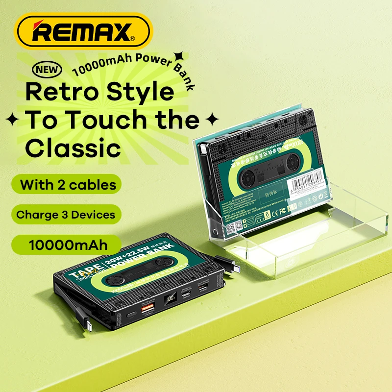 Remax-10000mAh Power Bank, QC22.5W, Super Fast Charging Battery, Digital Display, Retro, 20W, for iPhone, HUAWEI, Built in 2Ca