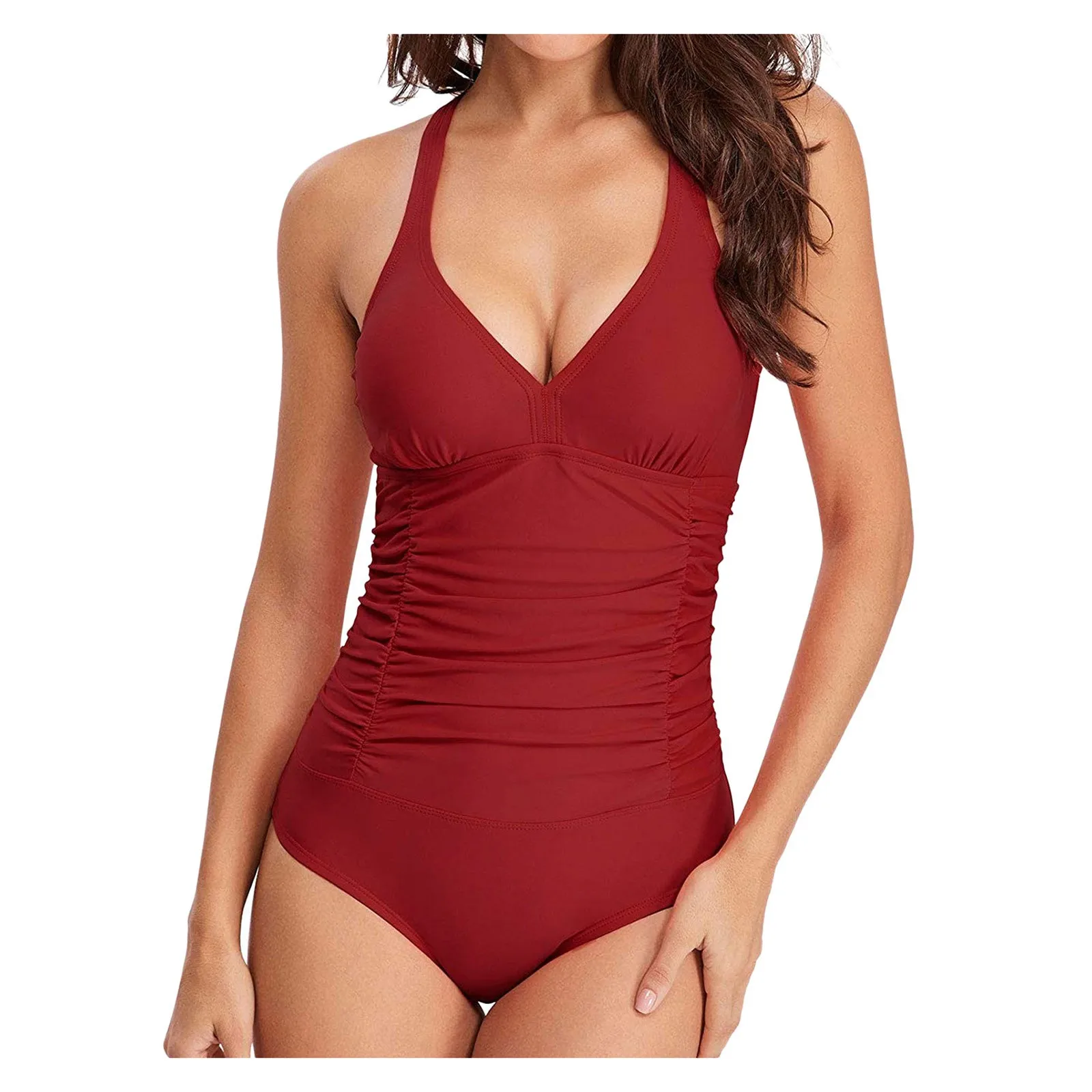 Bañador Sexy de una pieza con cuello en V para mujer, traje de baño informal para vacaciones en la playa, Bikini cruzado en la espalda, correa de hombro ajustable, Bikini con pliegues ajustados