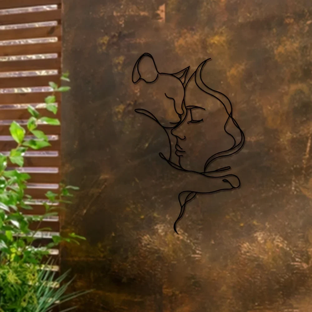 لوحة فنية معدنية أنيقة على شكل قطة وامرأة ، صورة ظلية سوداء بسيطة ، مثالية لمحبي القطط ، ديكور منزلي متطور