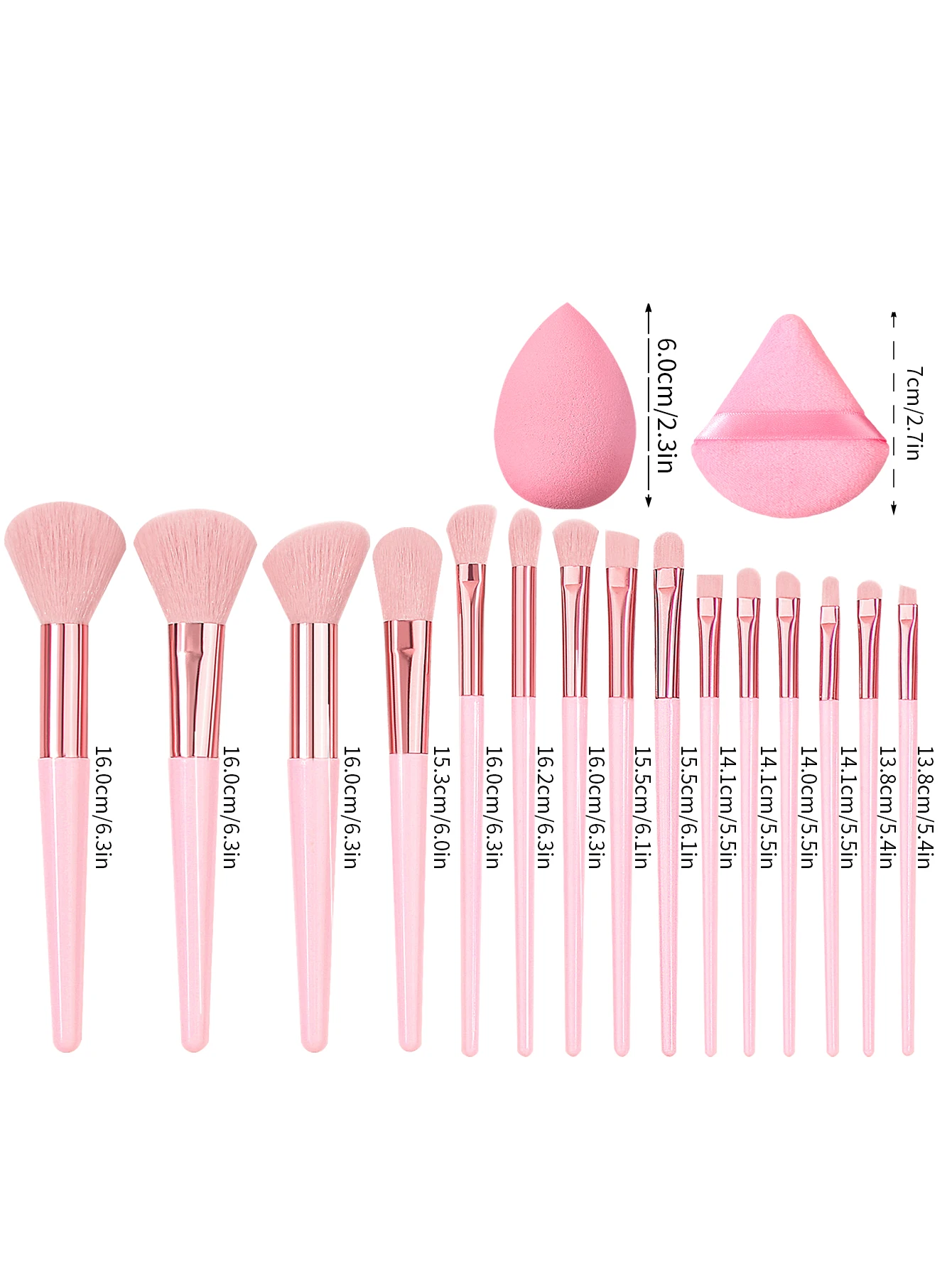 Un juego de herramientas de maquillaje de 19 piezas: 15 brochas de maquillaje, 2 huevos de esponja y 2 puf en polvo triangulares, un juego completo de herramientas de belleza portátiles