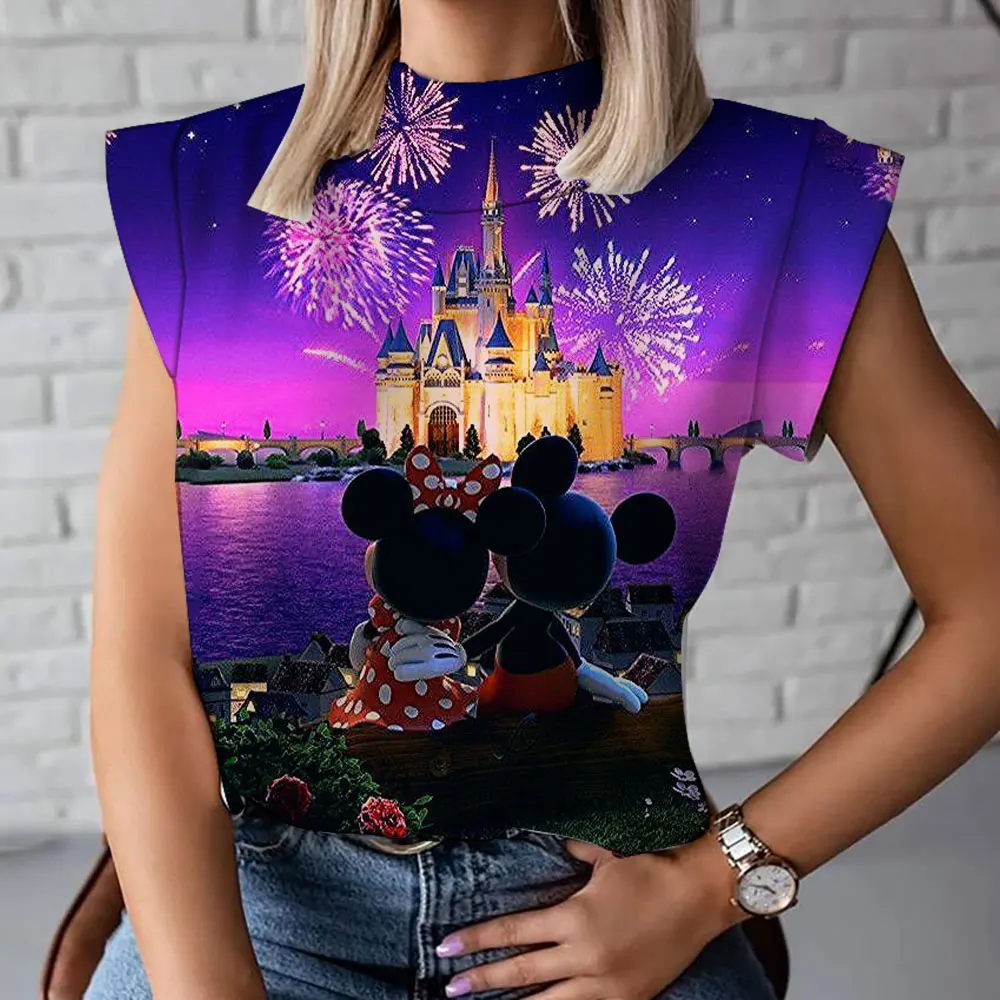 Modische und bequeme Damen T-Shirt mit hohem Kragen Mickey Minnie 3d Cartoon lässig Kurzarm 2024 neu