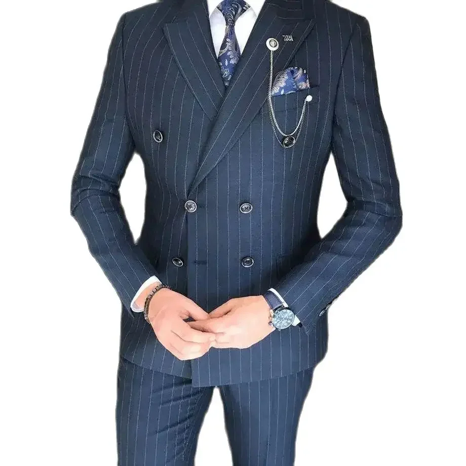 High Quality Suits for Men Blazer Navy Blue Peak Lapel Luxury Outfits Formal 2 Pcs Jacket Pants Set Costume Homme Evening Blazer