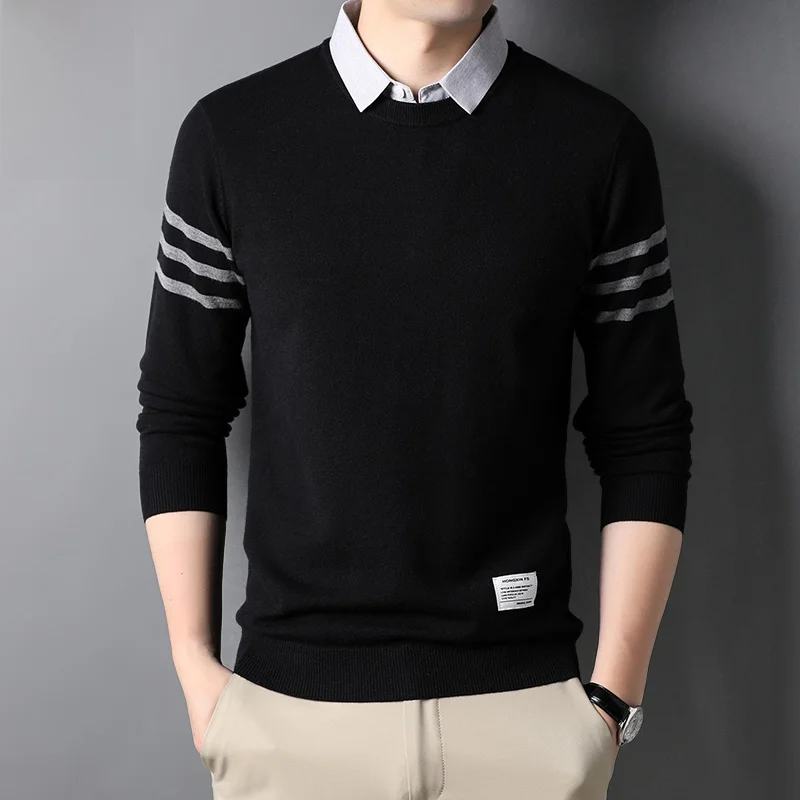 

Men's Thiened Knitted Sweater Fake Two-Piece Winter Base Layer irt Youth Faion Polyester Blend Long Sve Crew...