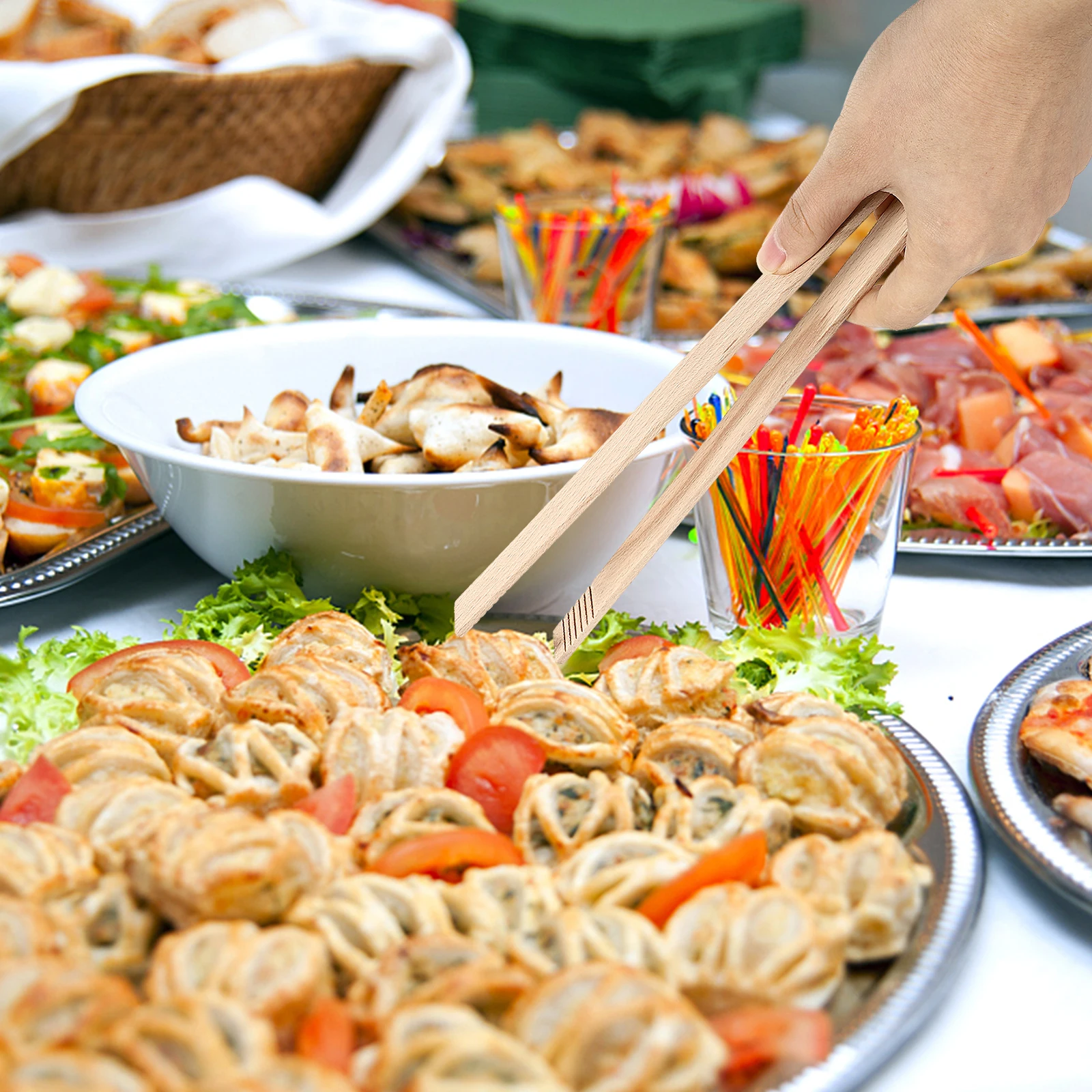 

1Pcs Food Tongs Bamboo Beech Long Handle Heat Resistant Kitchen Tongs for Toast Baking Grilling Cooking Non-Scratch