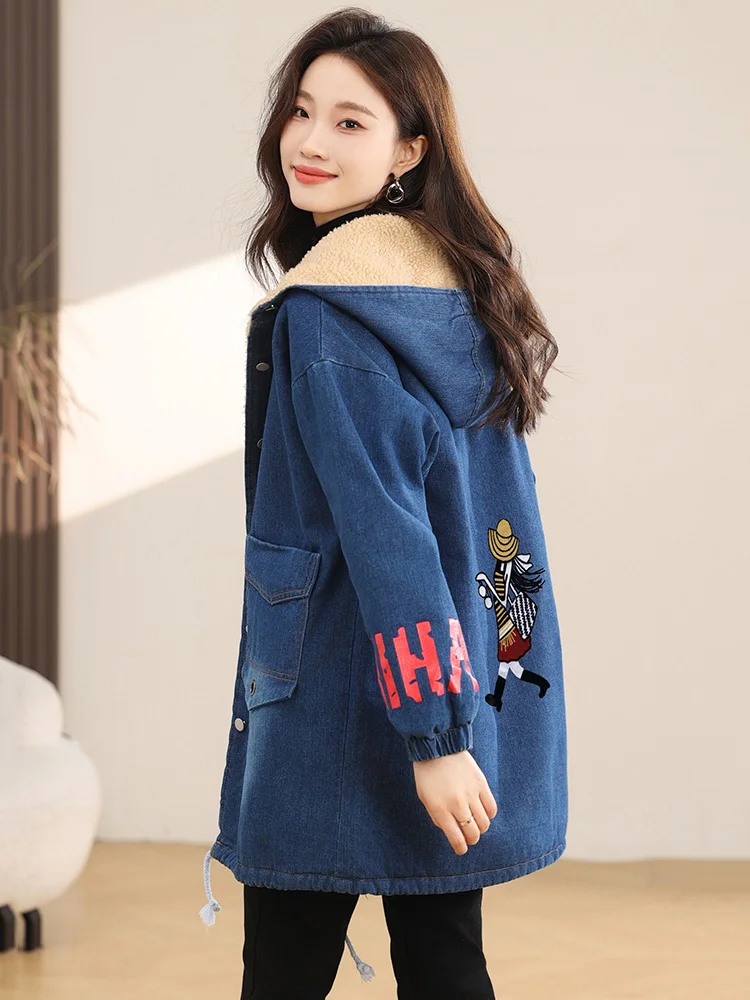 New Women Autumn Winter Velvet Lining Denim Coat Fashion Hooded Single Breasted Loose Plus Size Jacket Casual Thick Long Coat