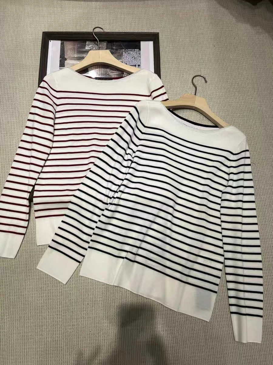 Wool striped o-neck long sleeve knitted top