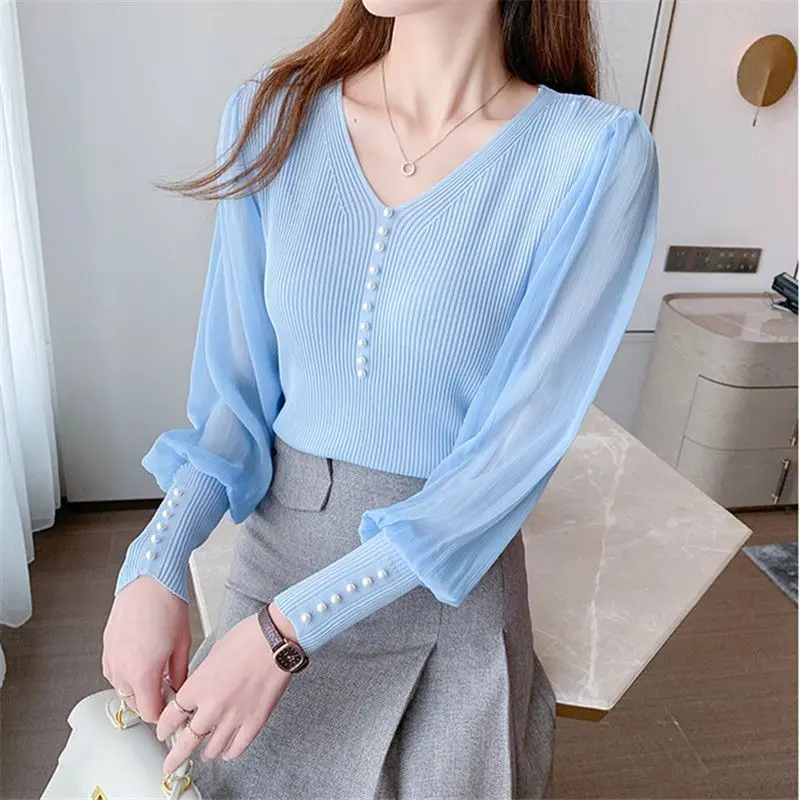 Spring Autumn Chiffon Patchwork Knitting Top Pullovers V Neck Long Sleeve Solid Sweet Bottom Shirt Fashion Elegant Women Clothes