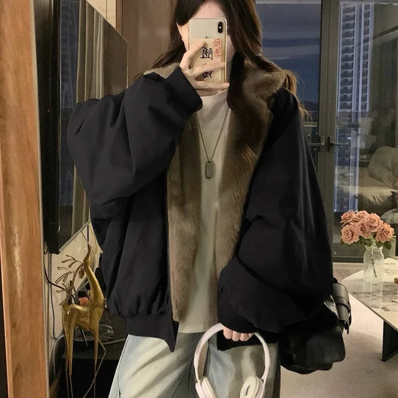 Women Winter Double-Sided Cotton Padded Jacket Loose Hooded Long Sleeve Fluffy Coat Female Parkas Windbreaker Outerwear Overcoat