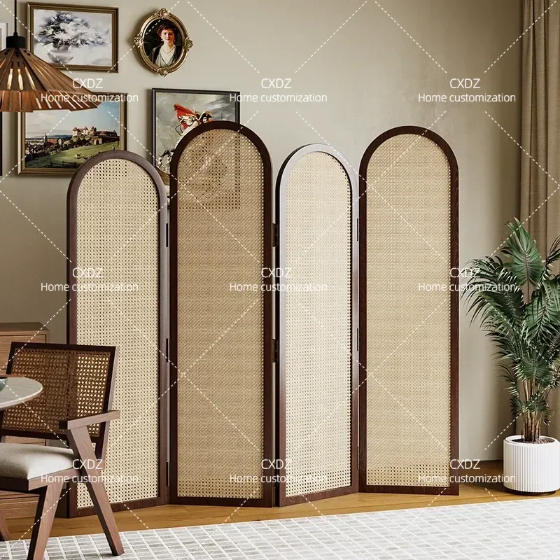 French Medieval Solid Wood Rattan Folding Screen Room Divider Partition for Living Room Hotel Office Homestay Mobile Simple
