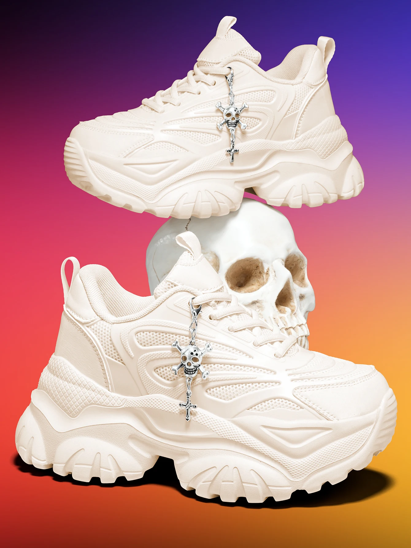 Damen-Outdoor-Allwetter-Modische Dad-Schuhe, Eva-Leichtgewicht-Sneaker mit dicker Sohle und 7 cm Absatzhöhe, orangefarbene Sportschuhe mit abnehmbarem silbernen Kreuz- und Totenkopf-Anhänger im Halloween-Punk-Stil, vielseitig einsetzbar für den täglichen Arbeitsweg und Fitness – Detail 14