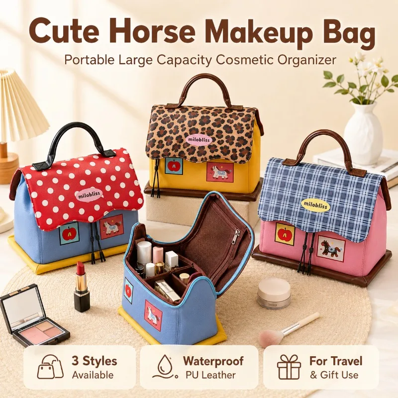 Trousse de maquillage mignonne en forme de cheval, en cuir imperméable, organiseur de cosmétiques portable, grande capacité, trousse de toilette de voyage, sac cadeau pour femmes et filles
