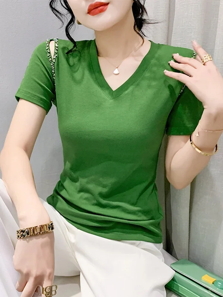 

Winsleter Women Sexy V Necks Cold Shoulder Beaded Slim Cotton Tops Summer European Clothes Tshirts Short Sleeve Tees New T35763M