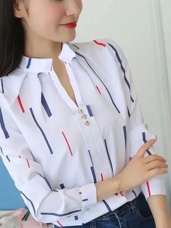 

Women's White Casual Long Sve Blouse Faion Stripe Print Cleanfit Sle Synthetic Fabric A-Line Sve Thin Non-Stretch