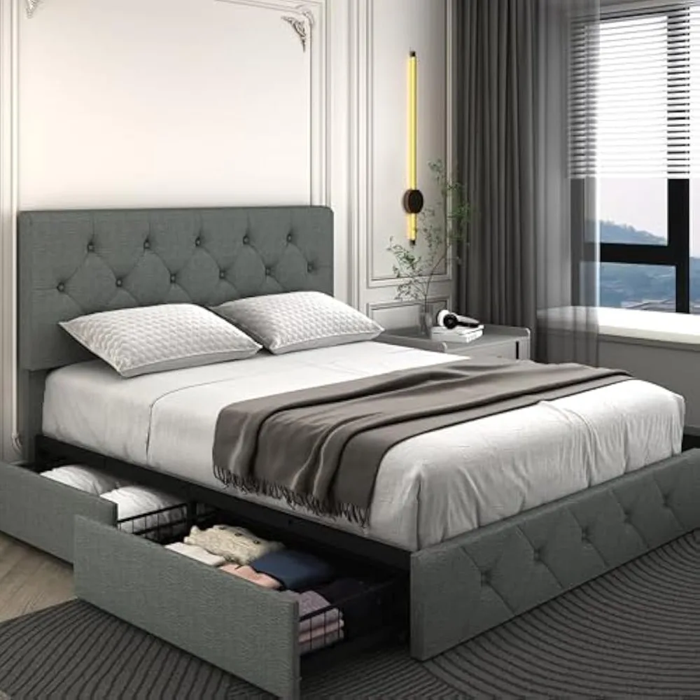 Bed Frame Platform with 4 Storage Drawers, Adjustable Tufted Button Leathaire Headboard, No Need for a Box Spring