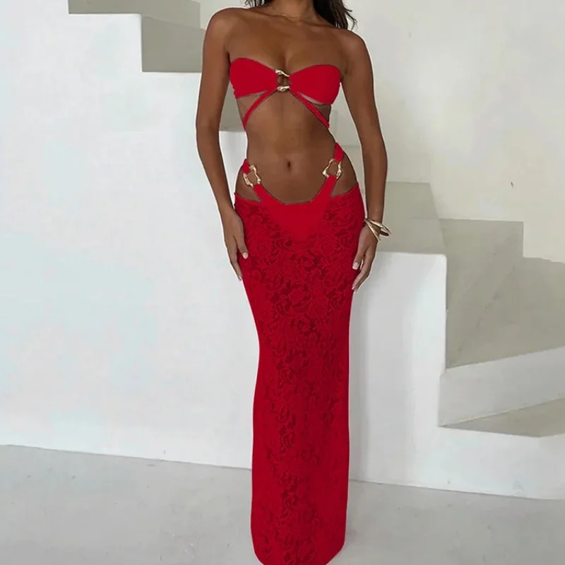 Bandeau 3 pièces Bikini femmes maillot de bain Sexy évider boucle en métal Micro Bikini dentelle jupe longue 2025 nouveau maillot de plage à la mode