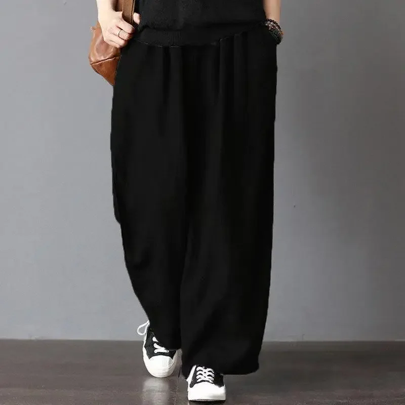 

Women's Spring Summer New High Waist Elastic Wide Legged Pants Retro Fashion Dad Pants Solid Pocket Casual Versatile Pants Z657