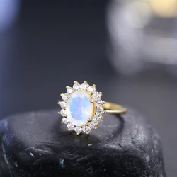 GEM'S BALLET Gold Engagement Ring Oval 8X10mm Natural Milky Blue Moonstone Gemstone Ring in 925 Sterling Silver Gift For Her