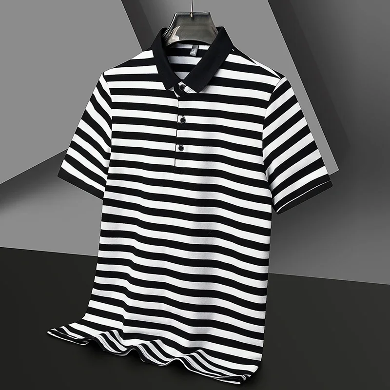 2024 Men\'s New Striped Cotton Business Casual Short sleeved POLO Shirt Fashion Short sleeved Comfortable and Breathable Top