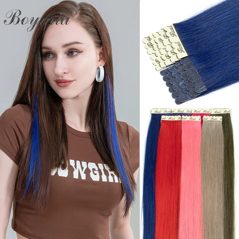 Boymia Colorful Mini Tape Hair Extensions Human Hair 12"-24" Invisible Micro Tape Ins 10pcs/pack 100% Human Hair For Women