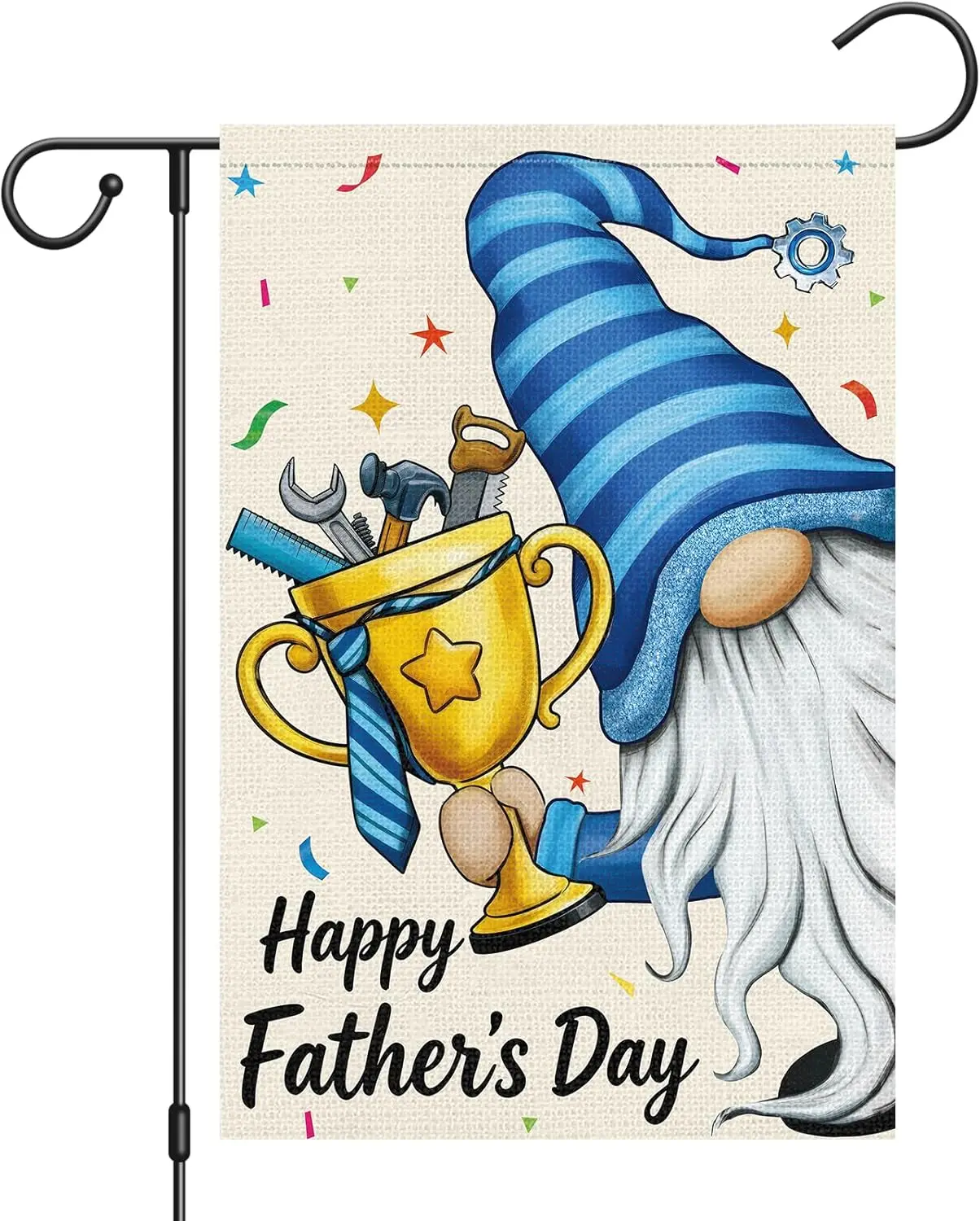 Heyfibro Happy Father's Day Gnome Garden Flag 12x18 Double Sided Burlap, with Tool Trophy Blue Striped Yard Banner for B IIC