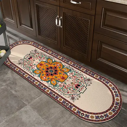 Oval Carpet for Kitchen, Non-Slip, Waterproof, Oil-Proof, Leather Flower Mat