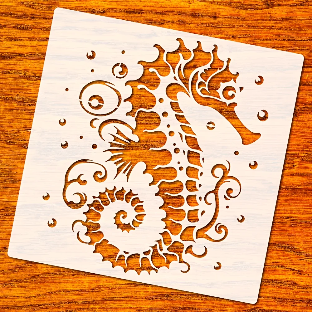 Seahorse Stencil Designed for Painting on Signs, Reusable Plastic Template Features an Underwater Theme with Bubble Designs