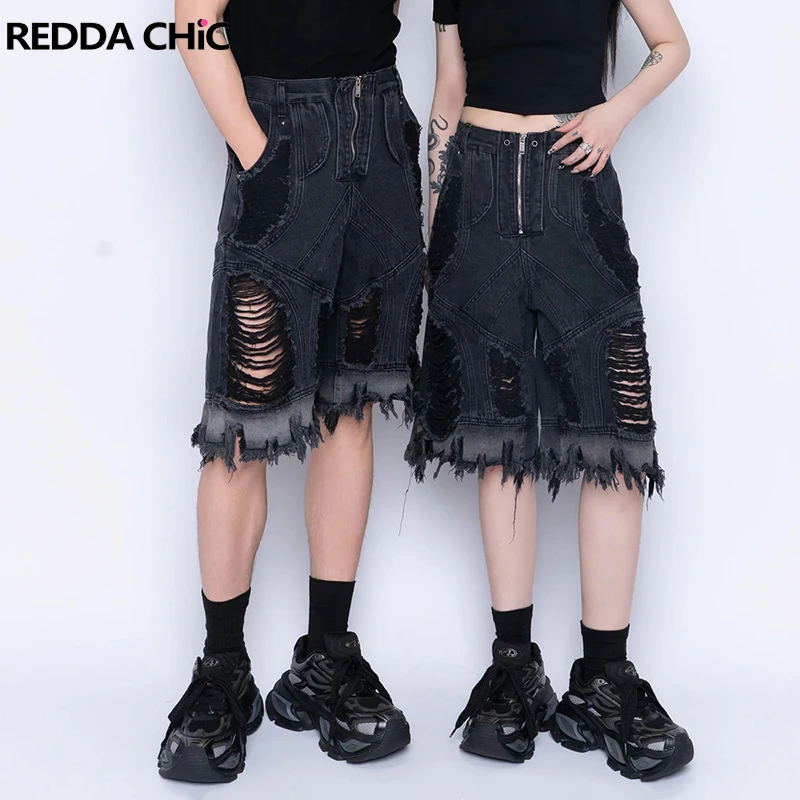 

REDDACHiC Women Frayed Patchwork Cargo Denim Shorts Raw Edge Zipper Destroyed Wide Leg Bermuda Pants Grunge Harajuku Streetwear