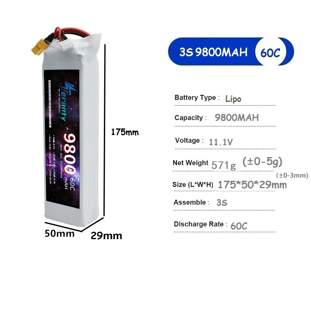 بطاريات ليبو 11.1 فولت 3 ثانية 9800 مللي أمبير عمداء T موصل XT60 pour voiture RC طائرة بدون طيار FPV